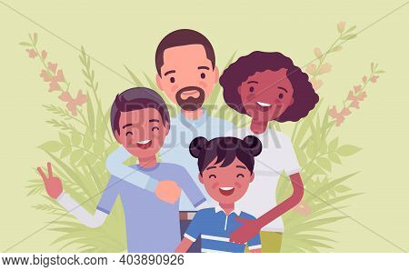 Multicultural Happy Family, Parents And Kids Of Different Race, Culture. Father, Mother, Son, Daught