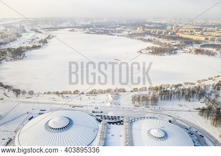Top View In Winter Of A Modern Sports Complex With Parking In Minsk. Belarus
