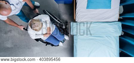 Top View Of Doctor Pushing Patient In Wheechair In Hospital.