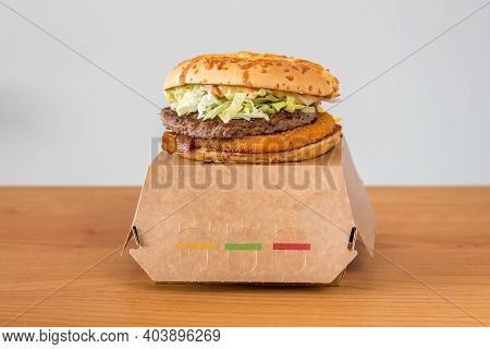 Pruszcz Gdanski, Poland - January 17, 2021: Mcdonald's Lumberjack Sandwich (polish: Kanapka Drwala).