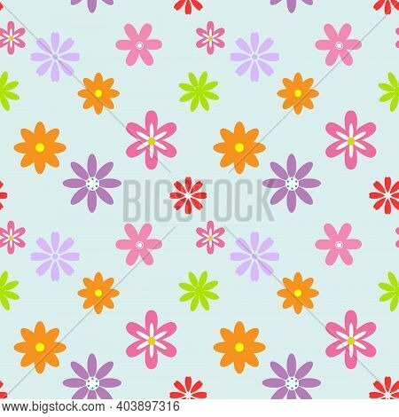 Cute Flower Seamless Pattern On Light Blue Background. Beautiful Spring Nature For Print.