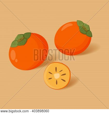 Pair Of Two Whole Persimmons And Half Persimmon. Isolated Cartoon Icon Fruit.