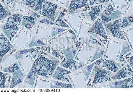 50 Croatian Kuna Bills Lies In Big Pile. Rich Life Conceptual Background. Big Amount Of Money