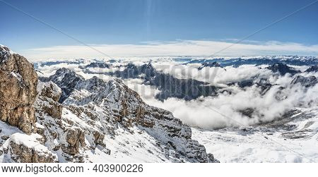 Snowy White Alpine Mountain Range In Summer Time On Zugspitze, Top Of Germany