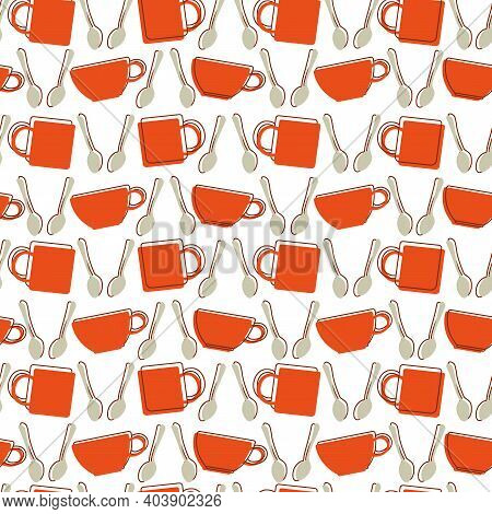 Seamless Pattern Of Mugs And Cups With Spoons