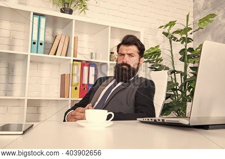 Office Life Is Unthinkable Without Good Coffee. Reception Room. Respectable Ceo. Man Handsome Boss S