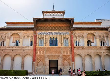 Seville, Spain - June 2018: Seville Alcazar Courtyard And Architecture