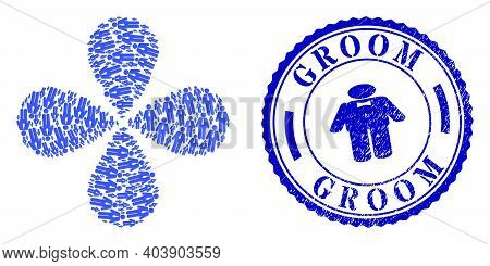 Groom Rotation Flower Shape, And Blue Round Groom Dirty Badge With Icon Inside. Element Flower With 