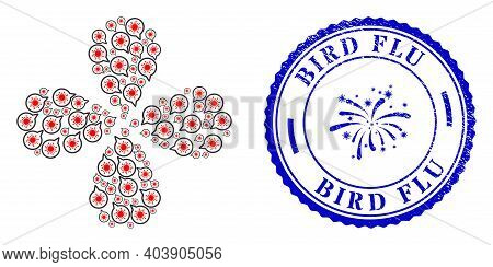 Virus Message Curl Abstract Flower, And Blue Round Bird Flu Scratched Watermark With Icon Inside. Ob