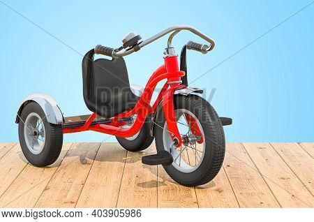Kids Tricycle, Bike On The Wooden Planks, 3d Rendering