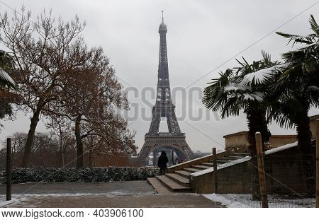 The Black And White Eiffel Tower With Bare Trees In Winter, Paris, France.