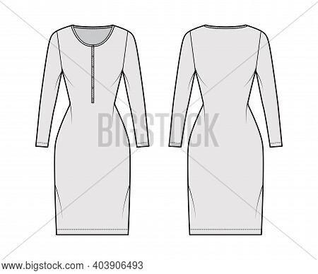 Shirt Dress Technical Fashion Illustration With Henley Neck, Long Sleeves, Knee Length, Fitted Body,
