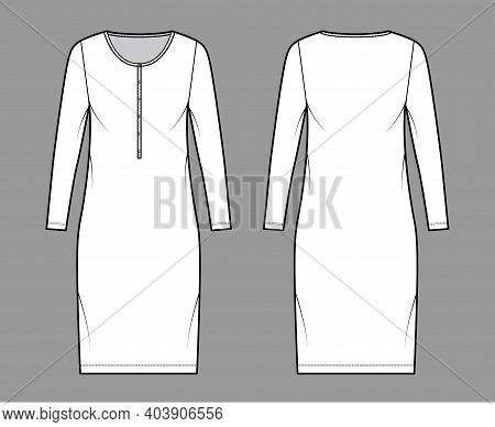 Shirt Dress Technical Fashion Illustration With Henley Neck, Long Sleeves, Knee Length, Oversized, P