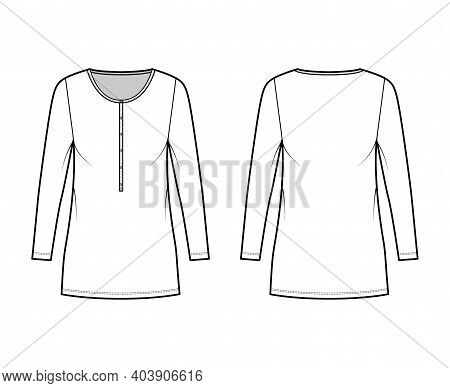 Shirt Dress Mini Technical Fashion Illustration With Henley Neck, Long Sleeves, Oversized, Pencil Fu