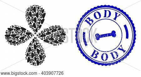Unknown Body Centrifugal Flower With Four Petals, And Blue Round Body Grunge Stamp With Icon Inside.
