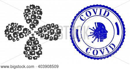Coronavirus Brain Centrifugal Burst, And Blue Round Covid Grunge Seal With Icon Inside. Element Flow