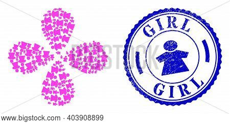 Girl Swirl Flower With Four Petals, And Blue Round Girl Rough Seal With Icon Inside. Object Cycle Co