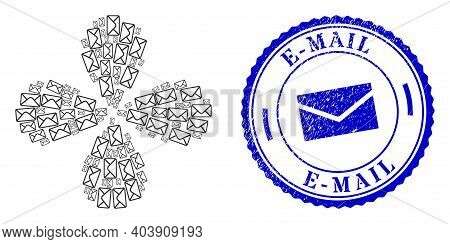 Mail Envelope Twirl Flower With Four Petals, And Blue Round E-mail Unclean Stamp Imitation With Icon