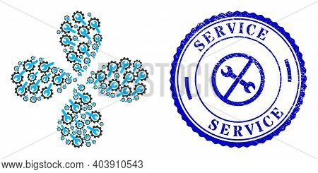 Repair Service Twirl Flower With Four Petals, And Blue Round Service Unclean Stamp Seal With Icon In