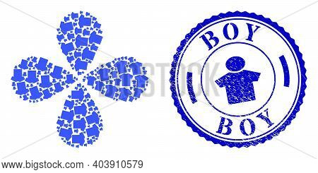 Male T-shirt Rotation Flower With Four Petals, And Blue Round Boy Dirty Stamp With Icon Inside. Elem