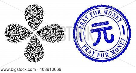 Chinese Yuan Currency Swirl Bang, And Blue Round Pray For Money Corroded Seal With Icon Inside. Obje