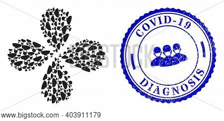 Coronavirus Face Mask Explosion Abstract Flower, And Blue Round Covid-19 Diagnosis Dirty Seal With I