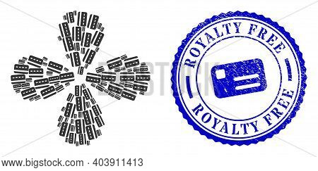 Credit Card Twirl Burst, And Blue Round Royalty Free Unclean Rubber Print With Icon Inside. Object F