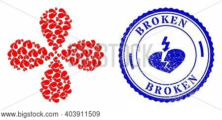 Broken Love Heart Twirl Flower With Four Petals, And Blue Round Broken Grunge Watermark With Icon In
