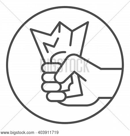 Hand Holds Crumpled Bill Thin Line Icon, Shopping Concept, Hand Catching Money Sign On White Backgro