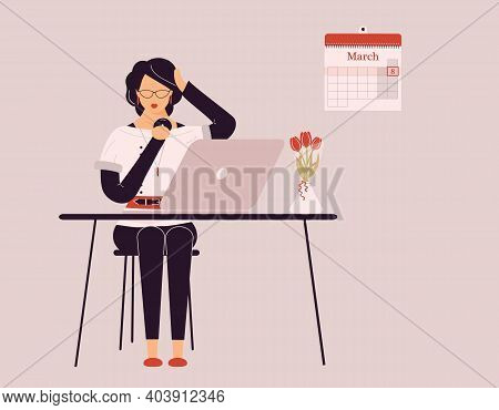 March 8 International Women's Day.cute Brunette Woman Preening Work On Laptop.vase With Tulips On De