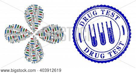 Analysis Test Tubes Exploding Flower Cluster, And Blue Round Drug Test Grunge Rubber Print With Icon