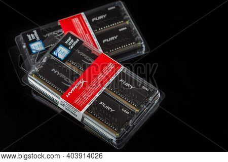 Moscow, Russia - 25 Dec 2020: Ddr4 Ram Modules In Their Original Packaging On A Black Table