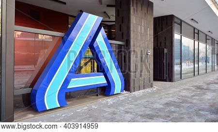 Warsaw, Poland. 18 January 2021. Aldi Grocery Store Sign. Aldi Is Is A Global Discount Supermarket C