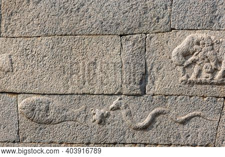 Hampi, Karnataka, India - November 5, 2013: Malyavanta Raghunatha Temple. Closeup Of Gray No-cement 