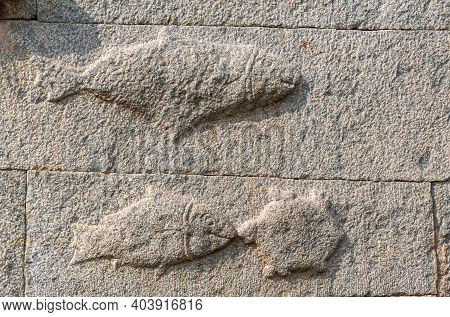 Hampi, Karnataka, India - November 5, 2013: Malyavanta Raghunatha Temple. Closeup Of Gray No-cement 