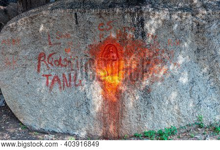 Hampi, Karnataka, India - November 5, 2013: Malyavanta Raghunatha Temple. Small Red-orange Fresco Sc