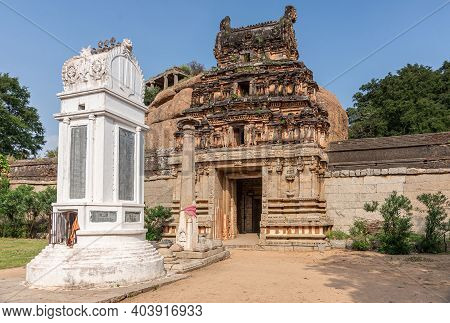 Hampi, Karnataka, India - November 5, 2013: Malyavanta Raghunatha Temple. White Monument, Flag Post 
