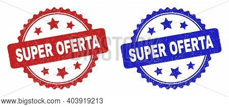 Rosette Super Oferta Stamps. Flat Vector Grunge Stamps With Super Oferta Phrase Inside Rosette With 