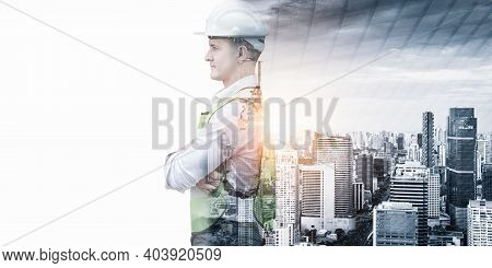 Infrastructure Construction Building And Engineering Futuristic Concept, Double Exposure Of Construc