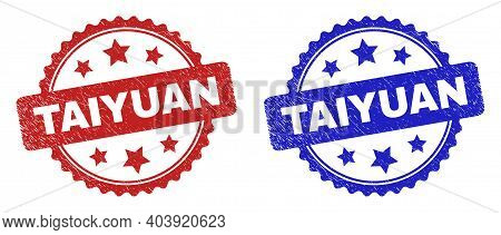 Rosette Taiyuan Watermarks. Flat Vector Textured Watermarks With Taiyuan Phrase Inside Rosette Shape