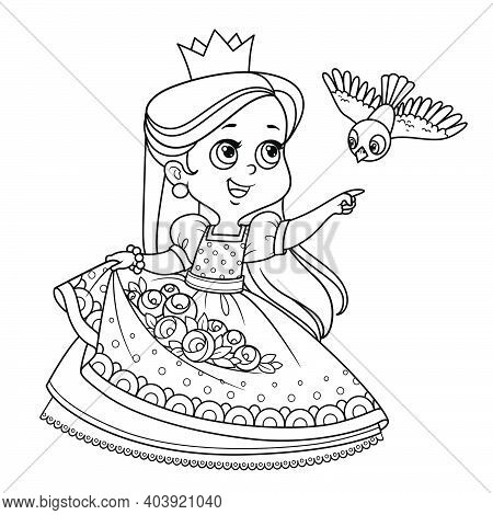 Cute Princess With Roses Flowers In The Hem And Bird Flying To The Meeting Outlined For Coloring Boo