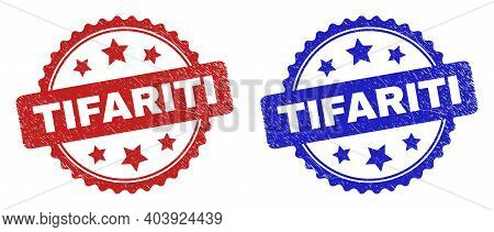 Rosette Tifariti Seal Stamps. Flat Vector Scratched Seal Stamps With Tifariti Caption Inside Rosette