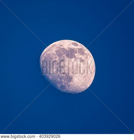 Detailed Image Of The Half Moon. Beautiful Half Moon On The Dark Blue Clear Sky