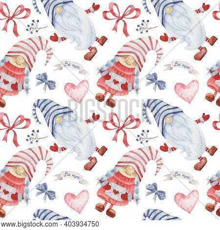 Watercolor Seamless Pattern With Gnomes And Decorations For Valentines Day. Scandinavian Gnomes Patt
