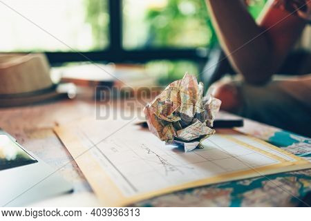 Crump Paper Map On Calendar. Cancel And Fail Plan Travel, Holiday, Vocation And New Year Concept.