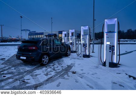 January 8, 2021 - Varnamo, Sweden: An Electric Vehicle, Ev Charge Station With 175 Kw Ultra Fast Cha