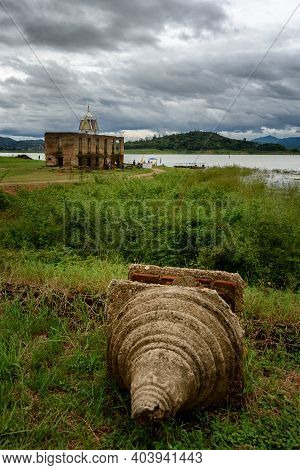 Drowned Buddhist Church, Old Structure Of Wat Wang Wiwekaram In Of Songkaria River.
