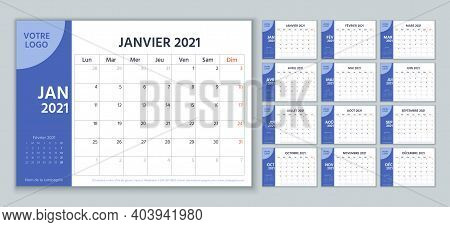 2021 French Planner. Calendar Template. Vector. Week Starts Monday. Calender Layout With 12 Month. Y