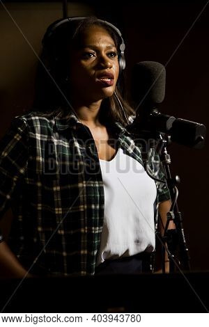 Waje Nigerian Singer Recording Vocal Part On Afro-pop Song In Studio