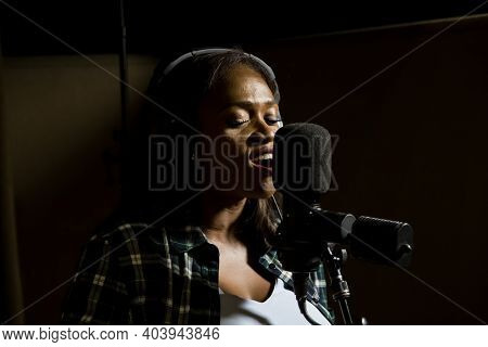 Waje Nigerian Singer Recording Vocal Part On Afro-pop Song In Studio